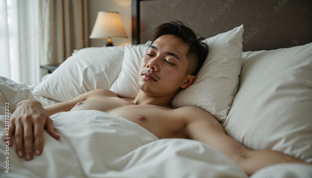 Relaxed Asian Man Turning in Bed with Soft Focus and Copy Space. Relaxed Asian Man Turning in Bed with Soft Focus and Copy Space.