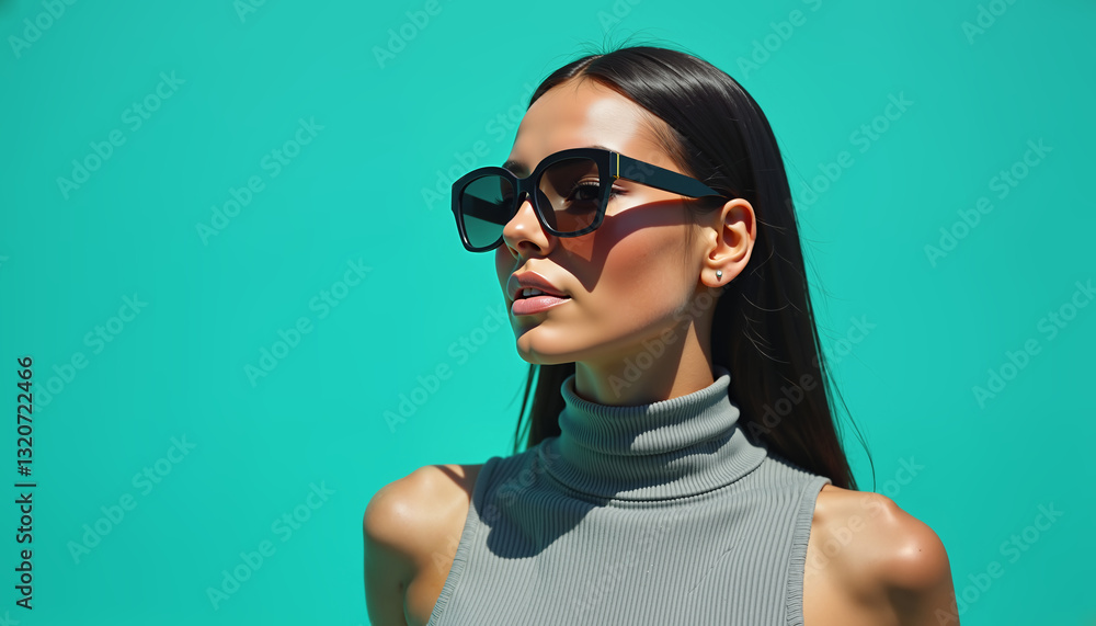 Stylish woman in sunglasses with calm expression on teal background, fashion promotion Stylish woman in sunglasses with calm expression on teal background, fashion promotion