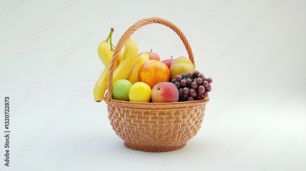 A wicker basket overflowing with assorted fresh fruits including bananas, apples, pears, grapes, and citrus