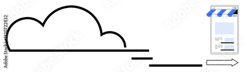 Cloud connected to an online store with arrow indicating data transfer. Ideal for e-commerce, cloud computing, online business, digital storage, data synchronization, web services, flat simple