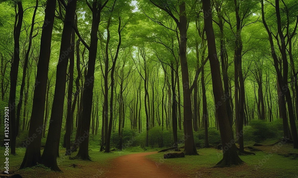 Naklejka premium Lush Green Forest Path, Perfect for Nature-Themed Designs