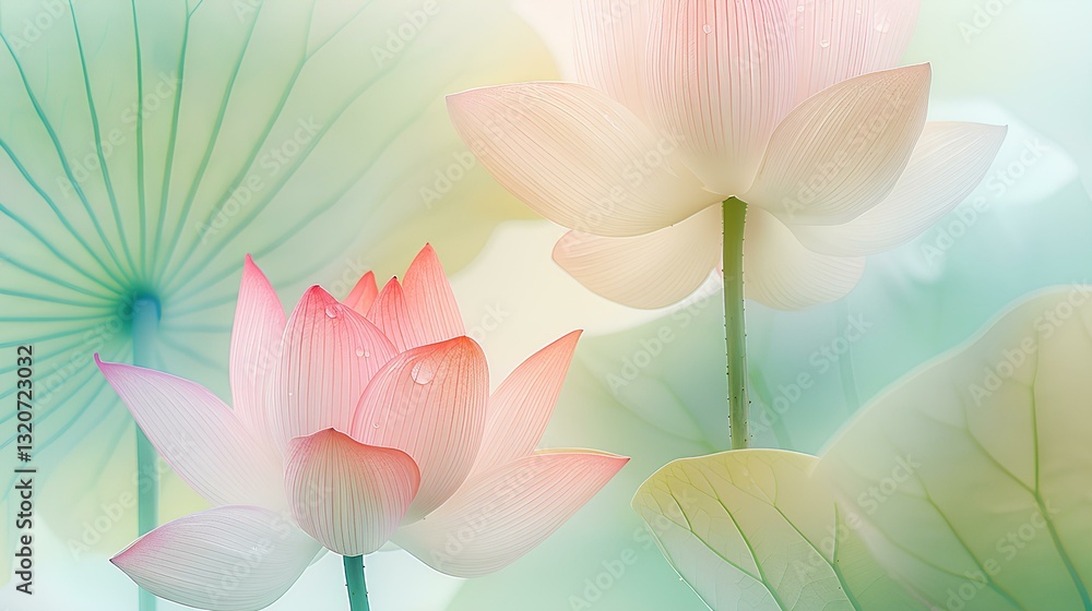 white background full of water drops, Lotus flower and lotus leaf, frosted glass blur covered