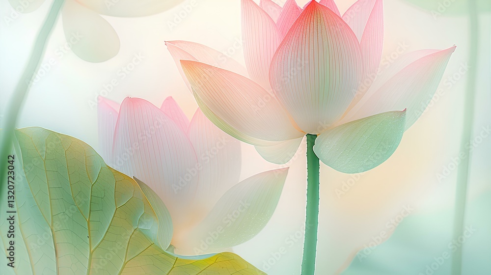 white background full of water drops, Lotus flower and lotus leaf, frosted glass blur covered