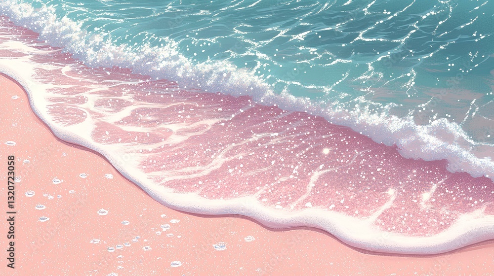 white beach with crystal clear water, glittering and sparkling, light blue waves on the sea, light pink sand in the background, anime style.