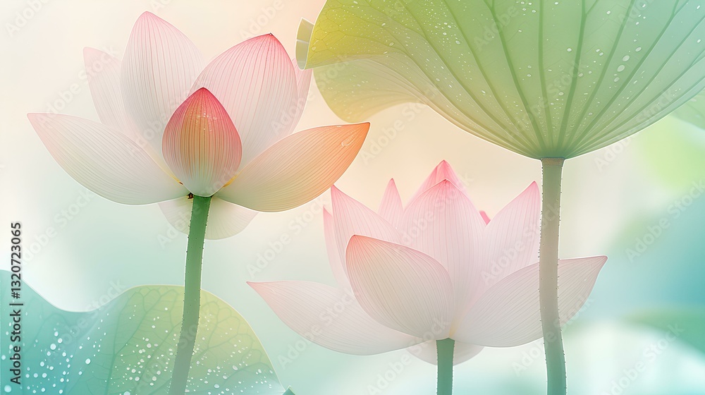 white background full of water drops, Lotus flower and lotus leaf, frosted glass blur covered