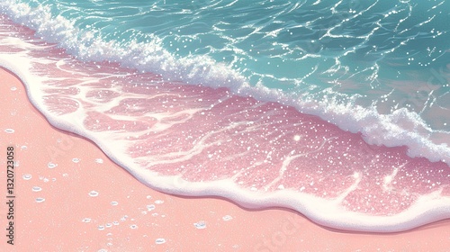 Obraz na płótnie white beach with crystal clear water, glittering and sparkling, light blue waves on the sea, light pink sand in the background, anime style. w salonie