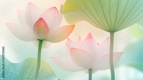 Obraz na płótnie white background full of water drops, Lotus flower and lotus leaf, frosted glass blur covered w salonie