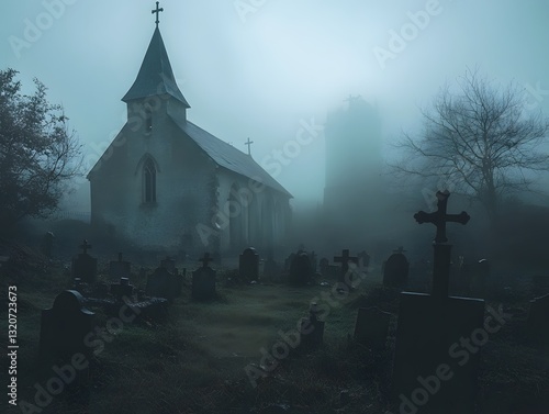 Eerie Fog-Shrouded Graveyard Beside Abandoned Gothic Church in Moody Horror Atmosphere