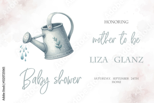 Baby shower watercolor card with a watering can. Watercolor baby shower.