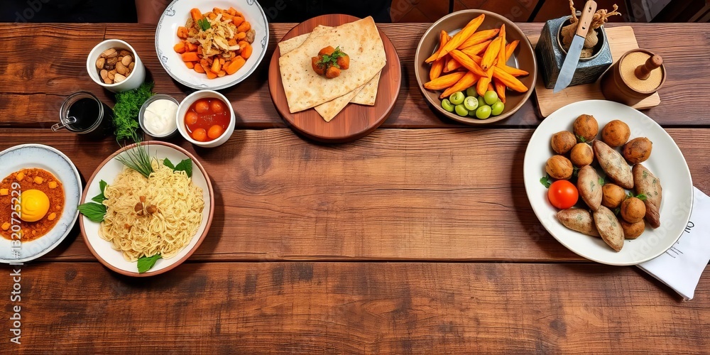 Rustic wooden table setting with assorted appetizing food, aesthetic, bowl Rustic wooden table setting with assorted appetizing food, aesthetic, bowl