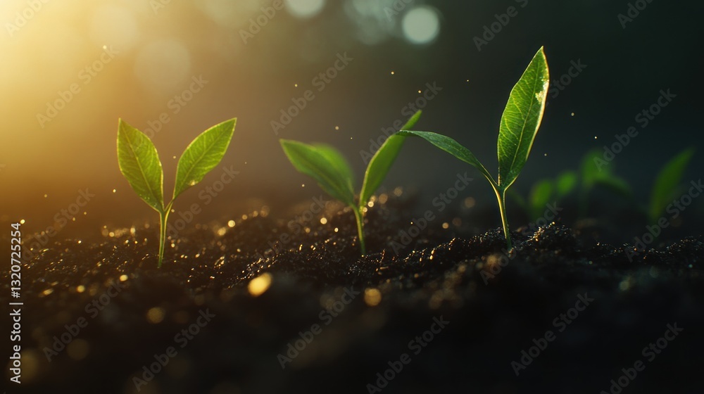 Three vibrant green seedlings emerge from dark soil, bathed in warm sunlight. Water droplets are visible Three vibrant green seedlings emerge from dark soil, bathed in warm sunlight. Water droplets are visible
