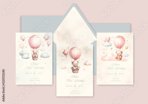 Watercolor Invitation Birthday Template card with a plush watercolor bear on a balloon.