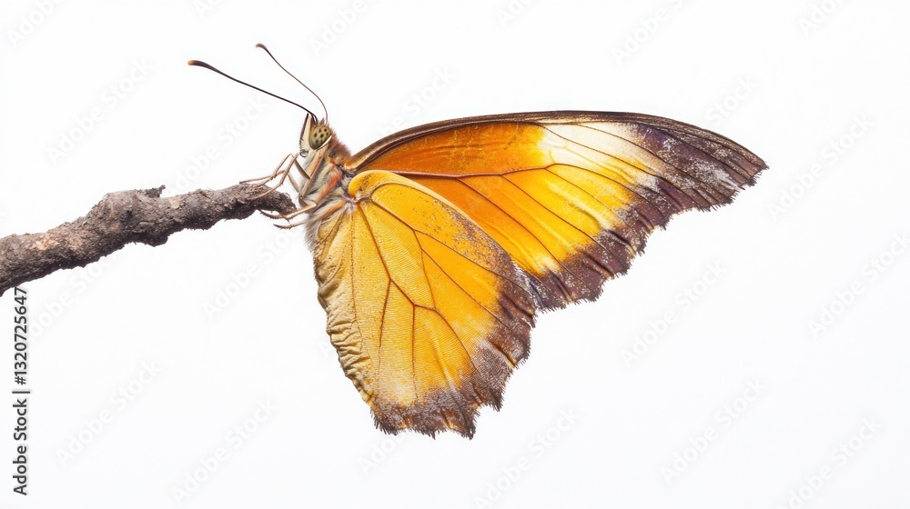 Obraz premium Orange butterfly perched on a twig, wings slightly damaged, isolated on white