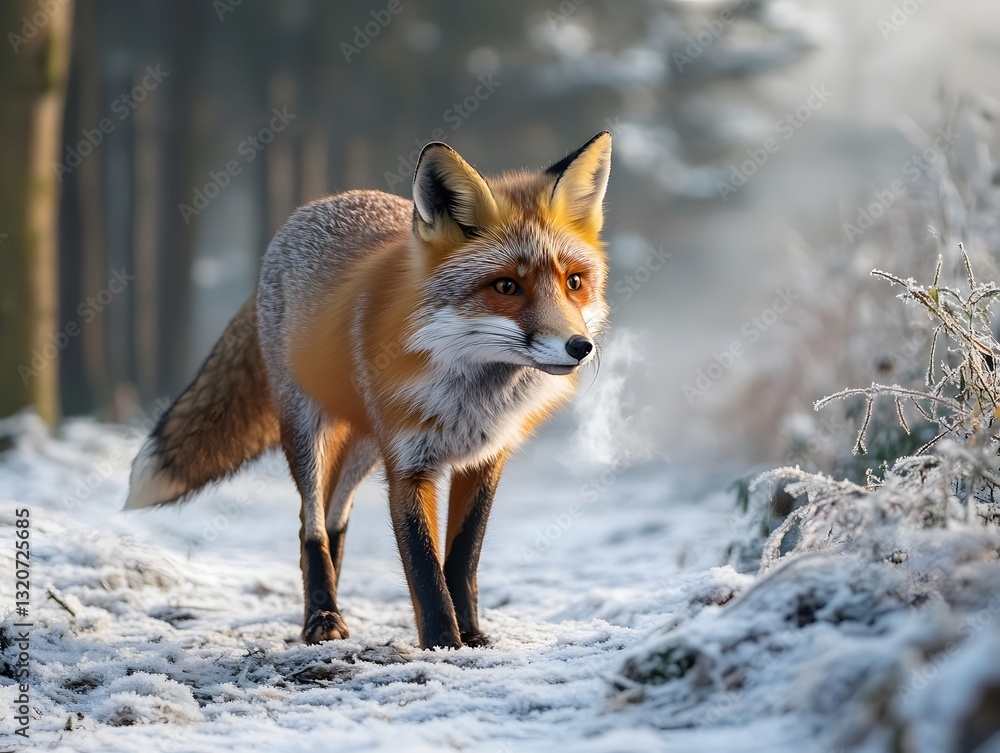 Fototapeta premium Cunning Red Fox Stalking Prey in Frost-Covered Woodland at Cold Morning