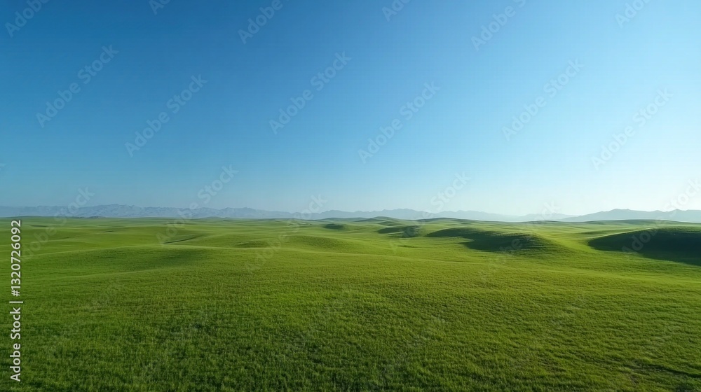 Fototapeta premium Vast, undulating green field under a clear blue sky. Distant mountains are faintly visible on the horizon