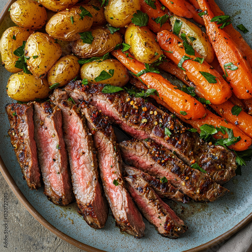 Grilled steak slices served with roasted potatoes and carrots photo