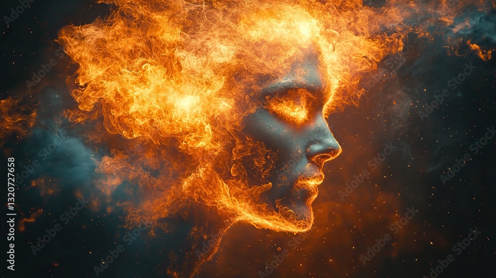 Smoke and fire replace a businessman's head, symbolizing burnout, mental breakdown, and overwhelming pressure from modern life. Smoke and fire replace a businessman's head, symbolizing burnout, mental breakdown, and overwhelming pressure from modern life.
