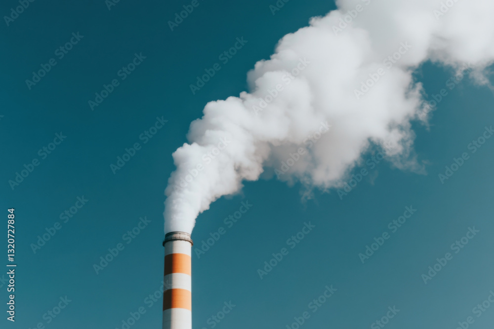 Industrial chimney emitting smoke into blue sky, air pollution concept Industrial chimney emitting smoke into blue sky, air pollution concept