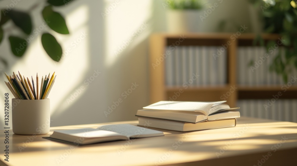 Sunlit desk with open notebook, stacked books, and colored pencils Sunlit desk with open notebook, stacked books, and colored pencils