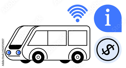 Modern bus with connectivity symbol, information icon, and fare depiction. Ideal for public transport, technology, communication, mobility, travel cost efficiency smart cities. Flat simple metaphor