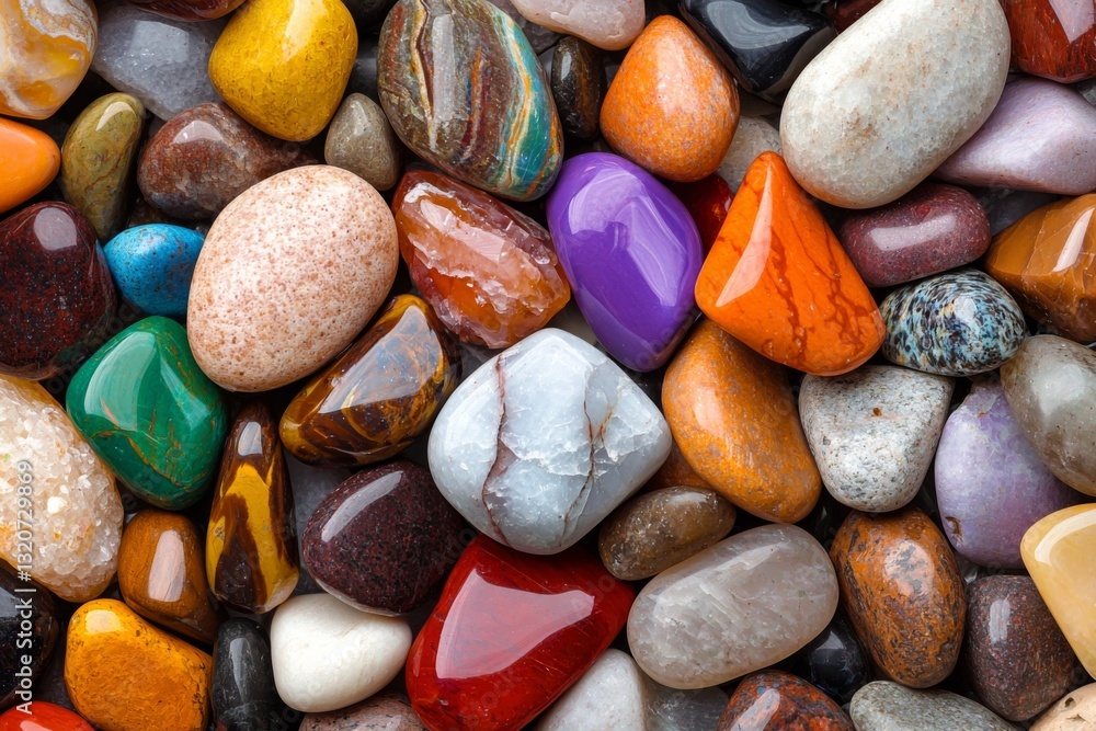 A vibrant collection of polished stones in various colors and shapes A vibrant collection of polished stones in various colors and shapes