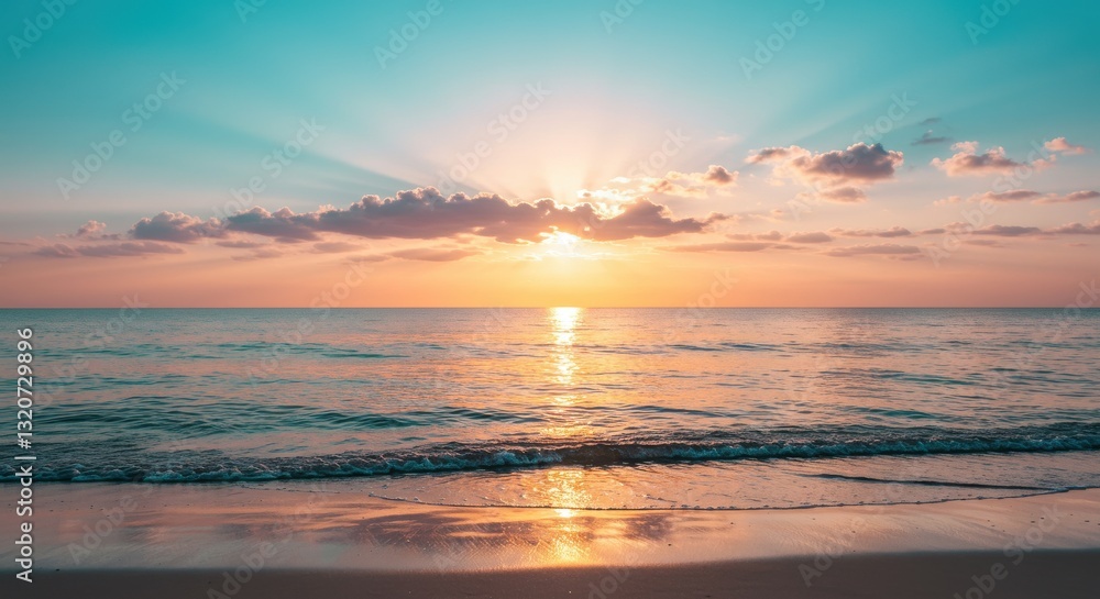 Panoramic view of a tropical beach with sea sand and a glowing horizon. The golden-orange sunset sky creates a tranquil and relaxing atmosphere, evoking a summer mood. Panoramic view of a tropical beach with sea sand and a glowing horizon. The golden-orange sunset sky creates a tranquil and relaxing atmosphere, evoking a summer mood.
