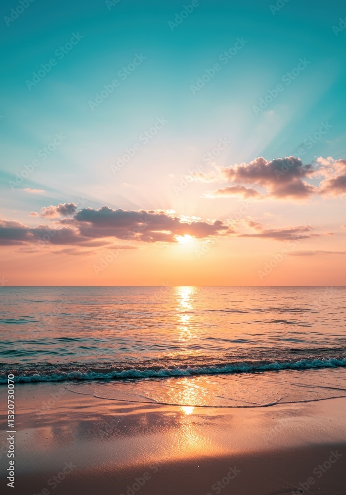 Fototapeta premium Close-up view of a sea sand beach with a panoramic tropical seascape. The horizon glows with an orange and golden sunset sky, radiating calmness and tranquility. Relaxing sunlight set