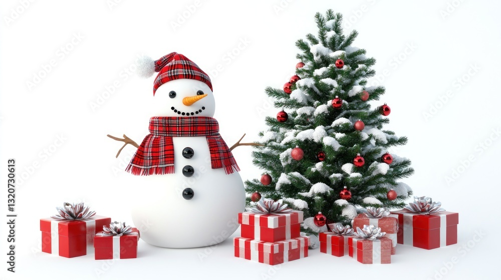 Festive snowman with a decorated tree and presents Festive snowman with a decorated tree and presents
