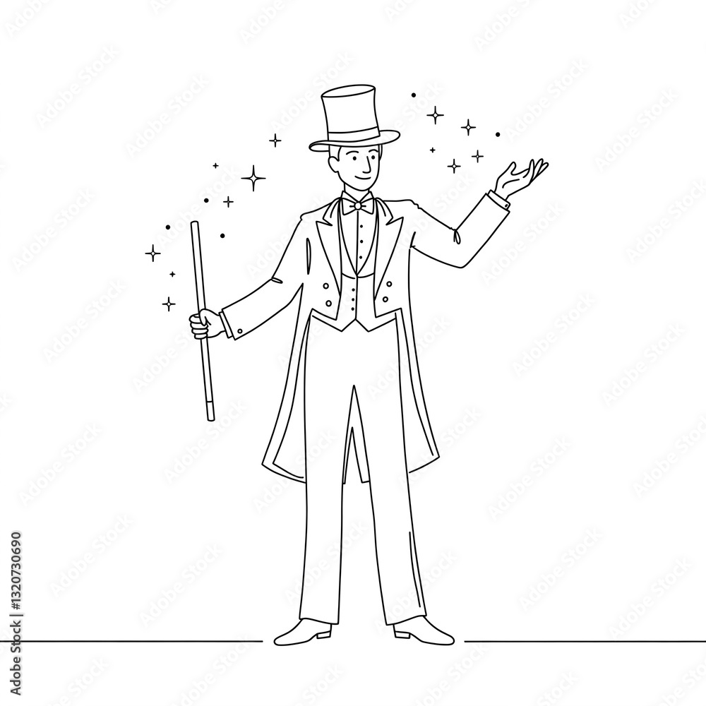A magician. Drawn with black lines. Black and white image.