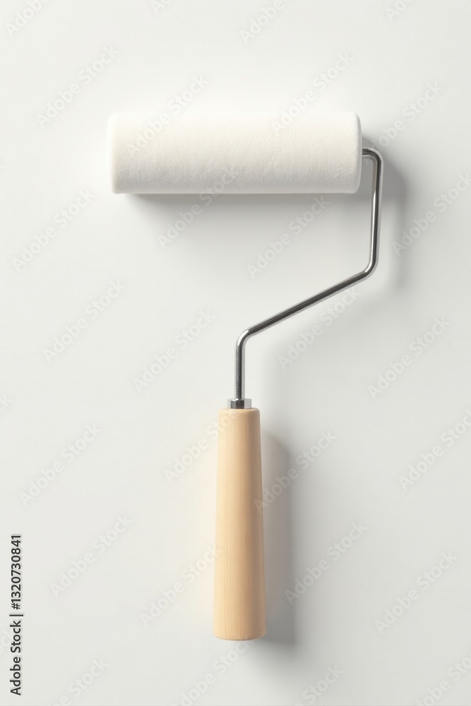 Obraz premium A clean, simple paint roller with a wooden handle and metallic frame, ready for a fresh coat