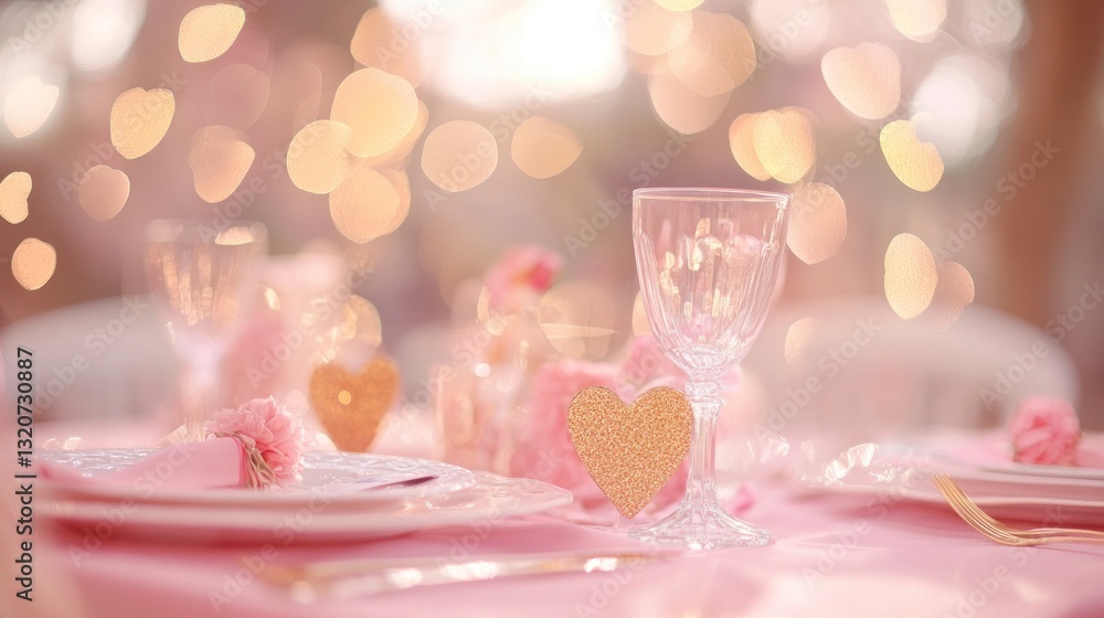 Romantic pink table setting with gold hearts, glassware, and bokeh lights Romantic pink table setting with gold hearts, glassware, and bokeh lights