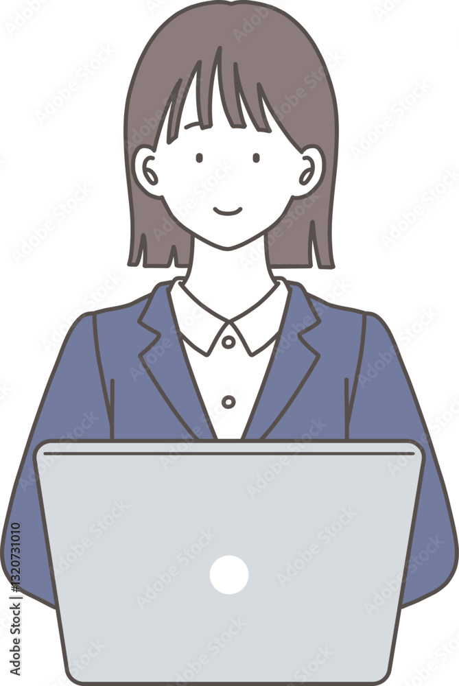 ノートパソコンで仕事をするスーツの女性のイラスト素材