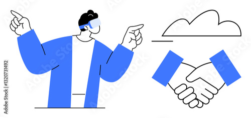 Man in virtual reality headset pointing, paired with a floating cloud and handshake. Ideal for technology, innovation, virtual meeting, cloud computing, collaboration, future teamwork. Flat simple