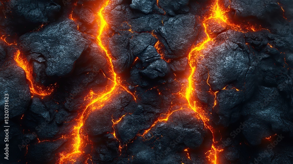 Striking and perilous, flowing orange magma courses through dark ground cracks, displaying nature's raw power and volcanic heat. Striking and perilous, flowing orange magma courses through dark ground cracks, displaying nature's raw power and volcanic heat.