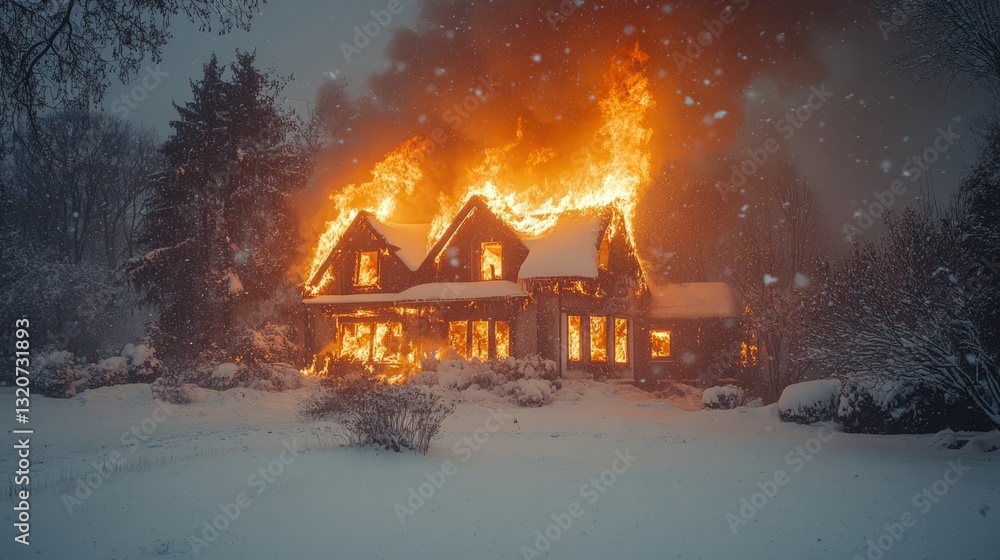 A house on fire during a heavy snowstorm, creating a dramatic contrast A house on fire during a heavy snowstorm, creating a dramatic contrast