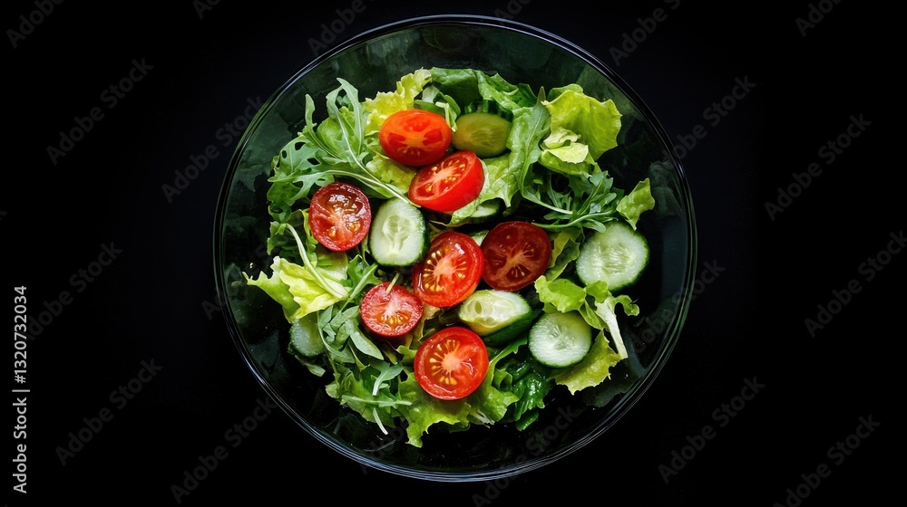 Fresh salad with lettuce, cherry tomatoes, and cucumber in a glass bowl Fresh salad with lettuce, cherry tomatoes, and cucumber in a glass bowl