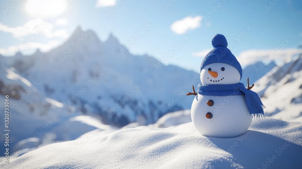 Obraz premium Cheerful snowman in blue hat and scarf, perched on snowy mountain peak under bright sun