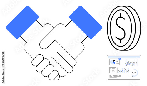 Handshake symbolizing partnership, coin indicating financial exchange, and analytics chart representing progress. Ideal for business, finance, collaboration, growth, dealmaking, economics strategy