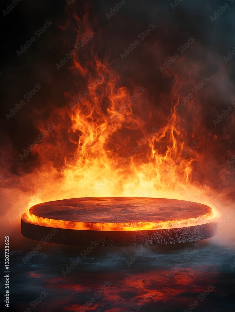 Dramatic Floating Podium Enveloped in Fiery Ambiance for Impactful Branding and Presentations Dramatic Floating Podium Enveloped in Fiery Ambiance for Impactful Branding and Presentations