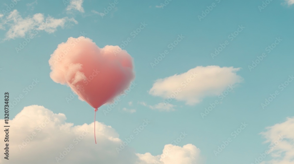 Fototapeta premium Pink heart-shaped cloud balloon floats in a pastel sky among fluffy white clouds