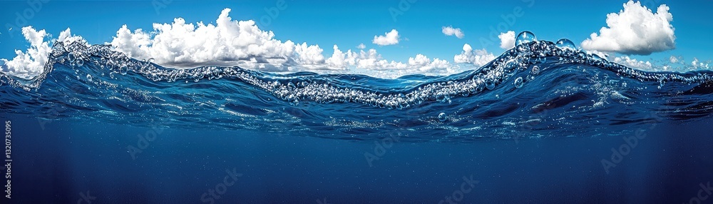 Serene Ocean Wave with Bright Sky and Wispy Clouds Above Water Serene Ocean Wave with Bright Sky and Wispy Clouds Above Water