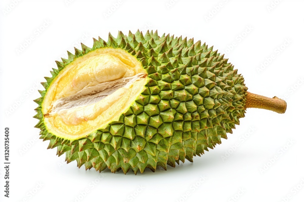 Obraz premium Fresh durian half cut displayed on white background for food photography with studio light detail