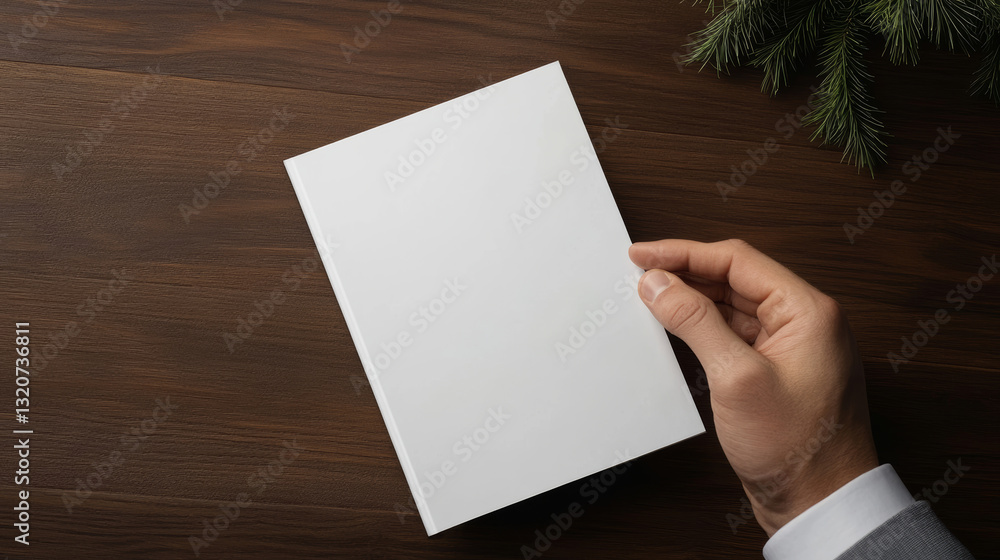 Obraz premium Blank magazine resting near pinewood surface, delicate evergreen branch complementing minimalist layout