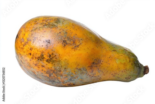 Studio shot of fresh pear shaped papaya exhibiting vibrant yellow and green colors on white backdrop