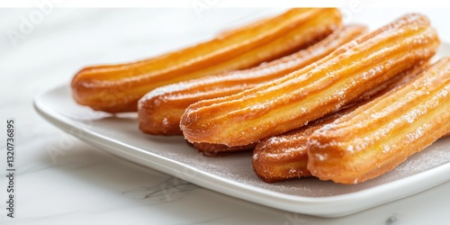 Close-up of delicious golden churros with sugar coating served on a white plate on a marble background