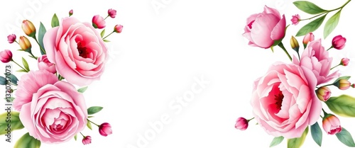 Pink rose & peony bouquet wreath in watercolor frame Elegant floral design, wedding, leaves