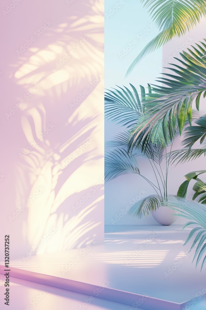 Obraz premium Pastel Minimalist Scene with Palm Leaves and Soft Lighting
