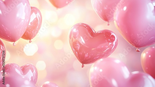 Pink heart-shaped balloons float against a bokeh background
