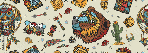 Owls and bears. Seamless pattern.  adventure, great outdoor. Tourism art. Old school tattoo style background