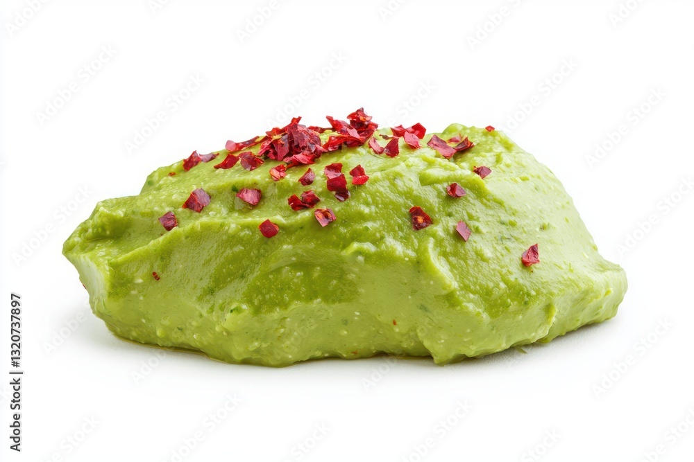 Vibrant close up of fresh avocado dip with red pepper flakes on clean white backdrop studio shot Vibrant close up of fresh avocado dip with red pepper flakes on clean white backdrop studio shot